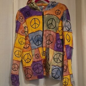 Patchwork Peace Sign Zip Hoodie - Multicolor Casual Hoodie